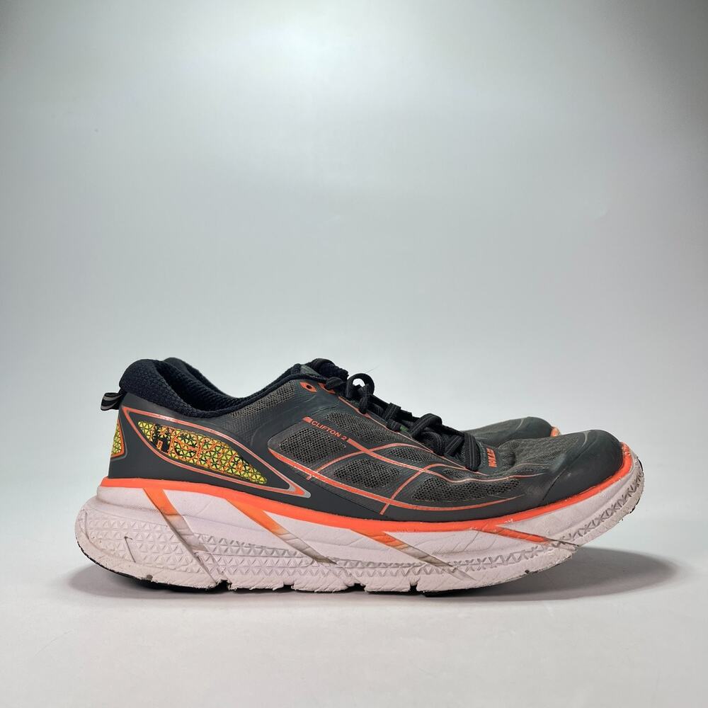 Hoka One One Clifton 2 Dark Grey Orange Lace Up Road Running Shoes Women's Sz 10